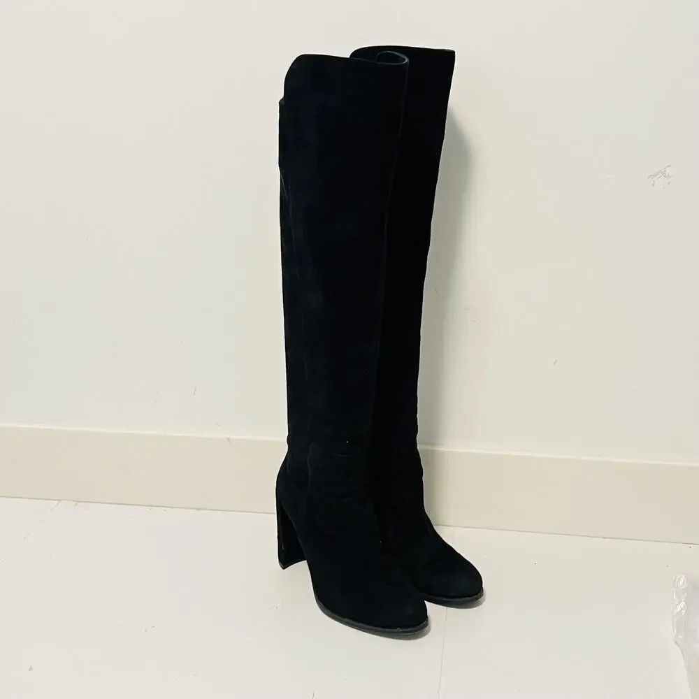 Stuart Weitzman Boots Womens 6 Black Suede Thigh High Over Knee Zip Block Heel